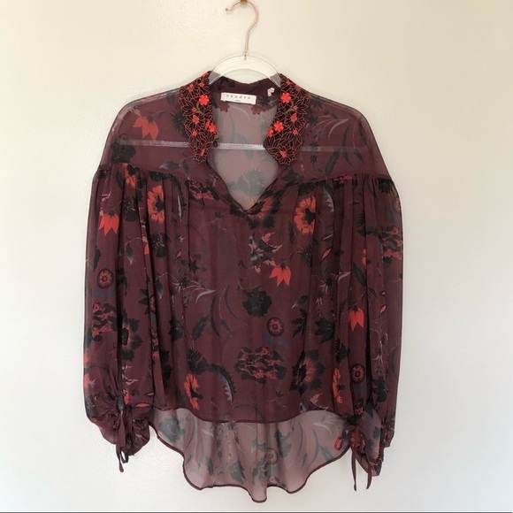 Sandro Blouse Red Sheer Floral Embroidered Collar 1 Small - Picture 1 of 7